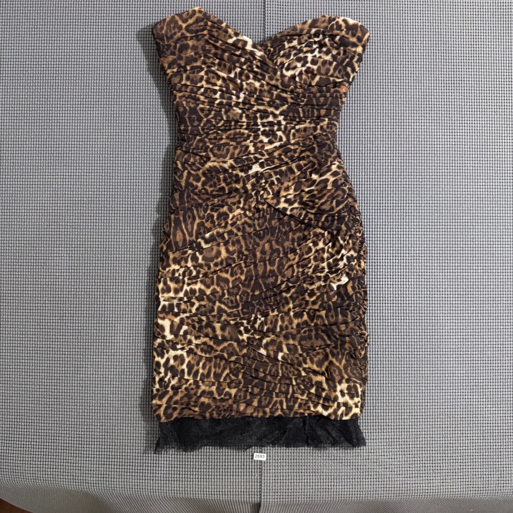 BCBGMAXAZRIA Women Brown Leopard Ruched Strapless Lace Trim Mini Dress Size 2